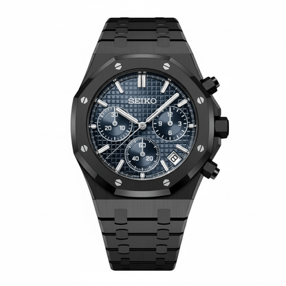Seiko Mod Royal Oak Style Black Blue Dial Chronograph black and blue Seiko mod style watch with VK63 movement by ModTime - front product view