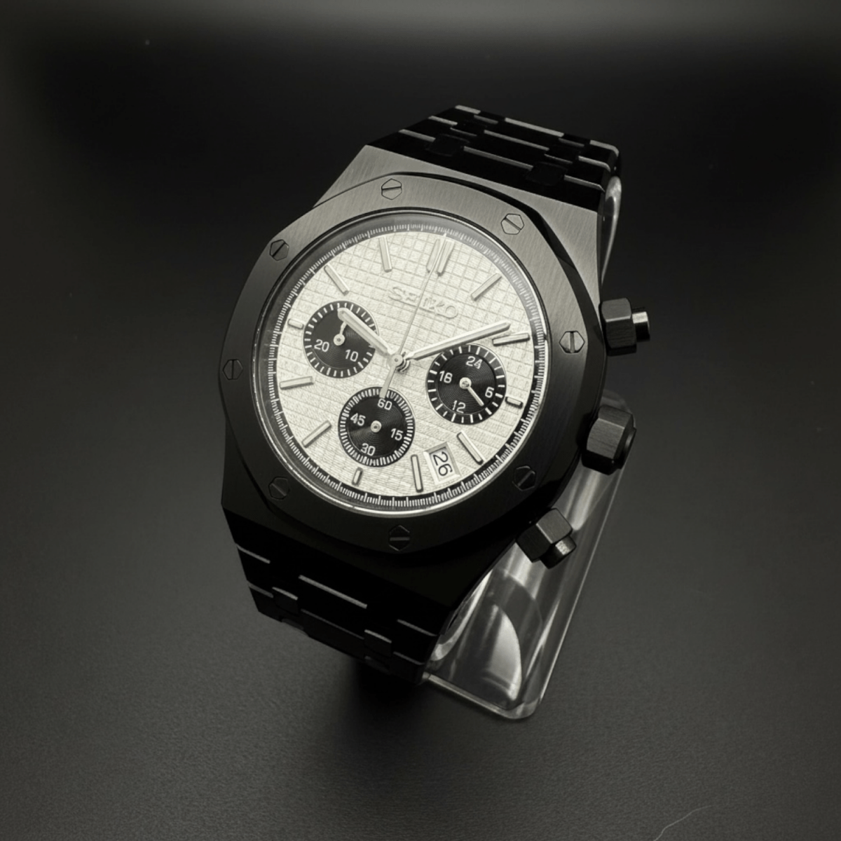 Seiko Mod Royal Oak Style Black Panda Chronograph black and white Seiko mod style watch with VK63 movement by ModTime - dial detail
