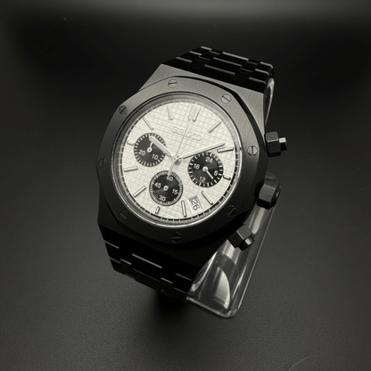 Seiko Mod Royal Oak Style Black Panda Chronograph black and white Seiko mod style watch with VK63 movement by ModTime - dial detail