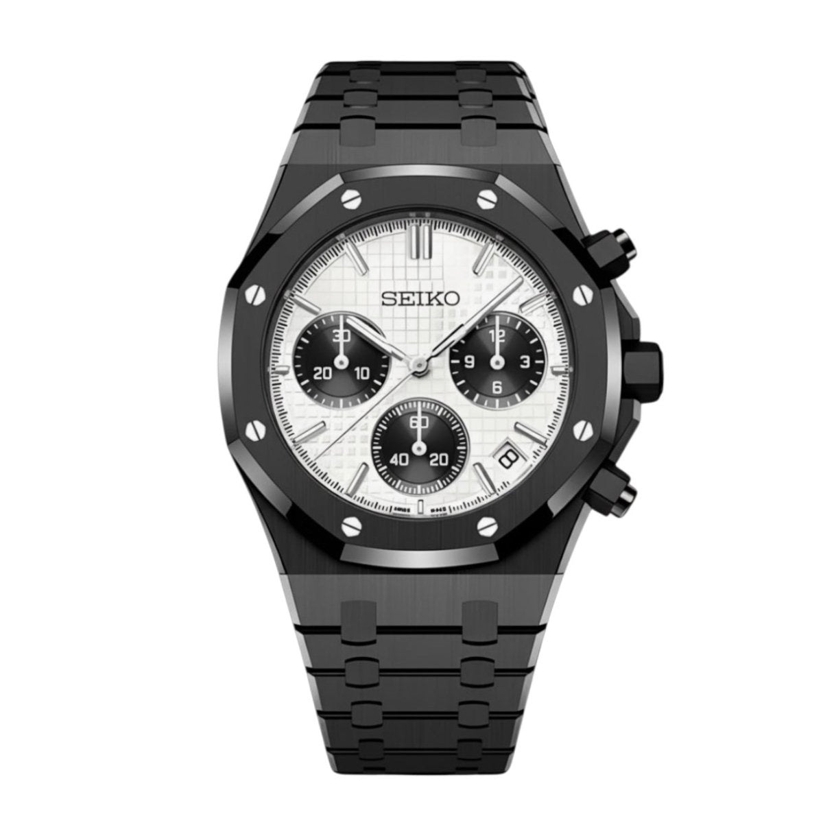 Seiko Mod Royal Oak Style Black Panda Chronograph black and white Seiko mod style watch with VK63 movement by ModTime - front product view