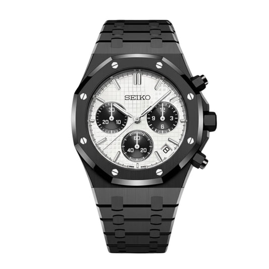 Seiko Mod Royal Oak Style Black Panda Chronograph black and white Seiko mod style watch with VK63 movement by ModTime - front product view