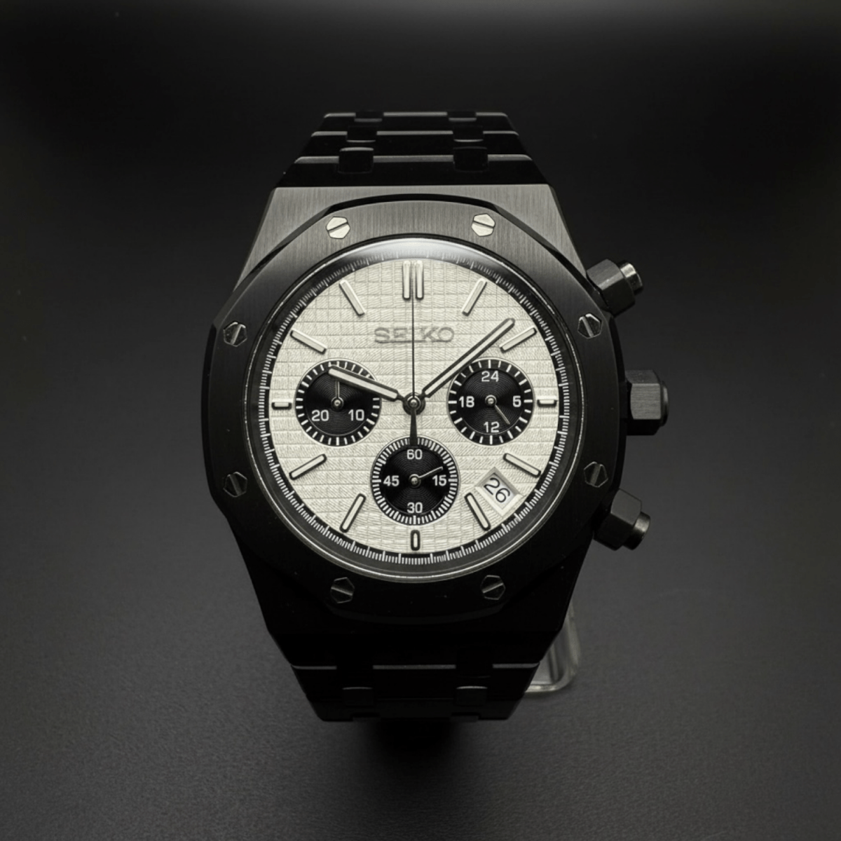 Seiko Mod Royal Oak Style Black Panda Chronograph black and white Seiko mod style watch with VK63 movement by ModTime - angled dial view