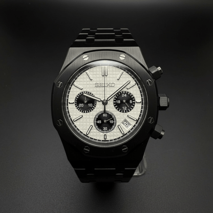 Seiko Mod Royal Oak Style Black Panda Chronograph black and white Seiko mod style watch with VK63 movement by ModTime - angled dial view