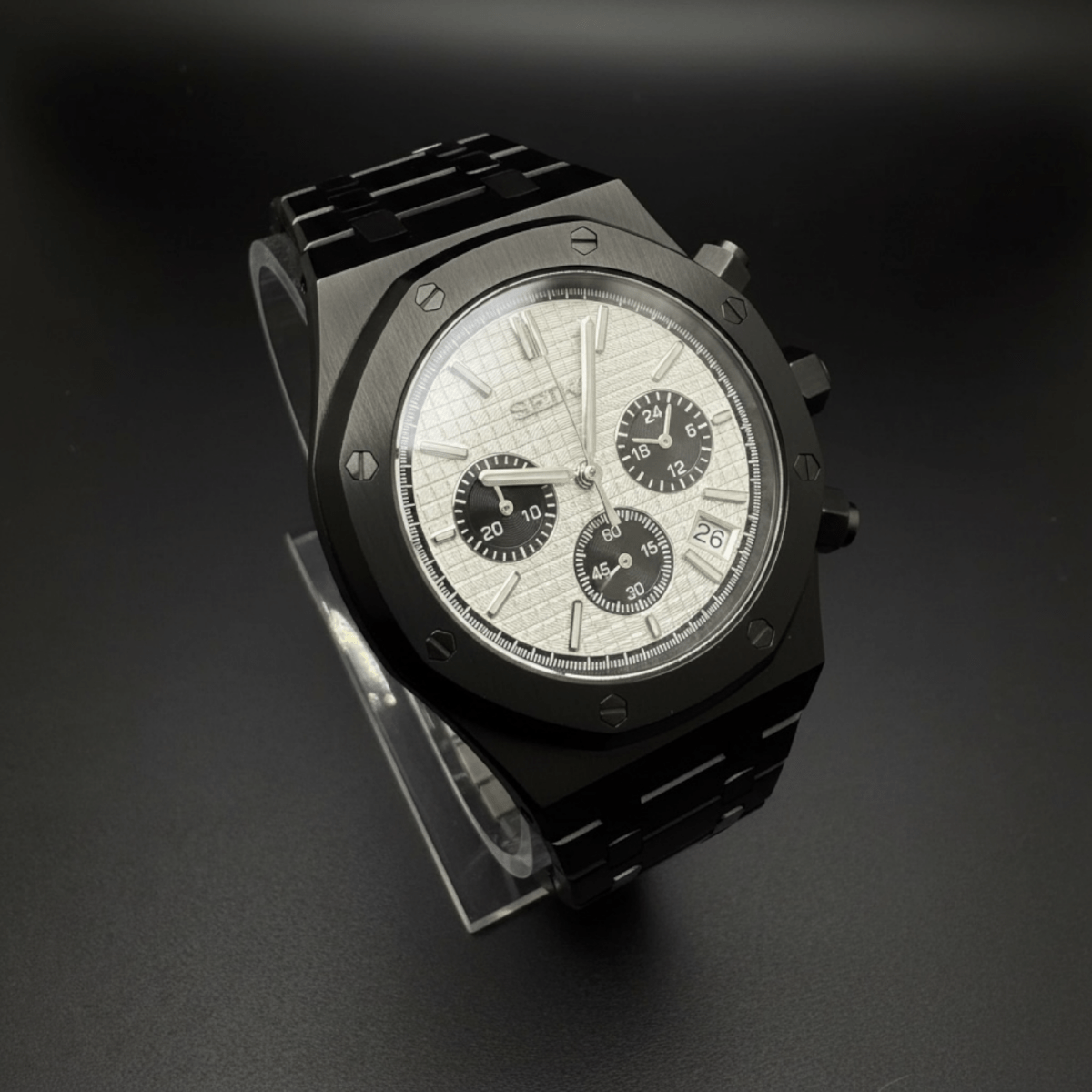 Seiko Mod Royal Oak Style Black Panda Chronograph black and white Seiko mod style watch with VK63 movement by ModTime - case and bracelet detail