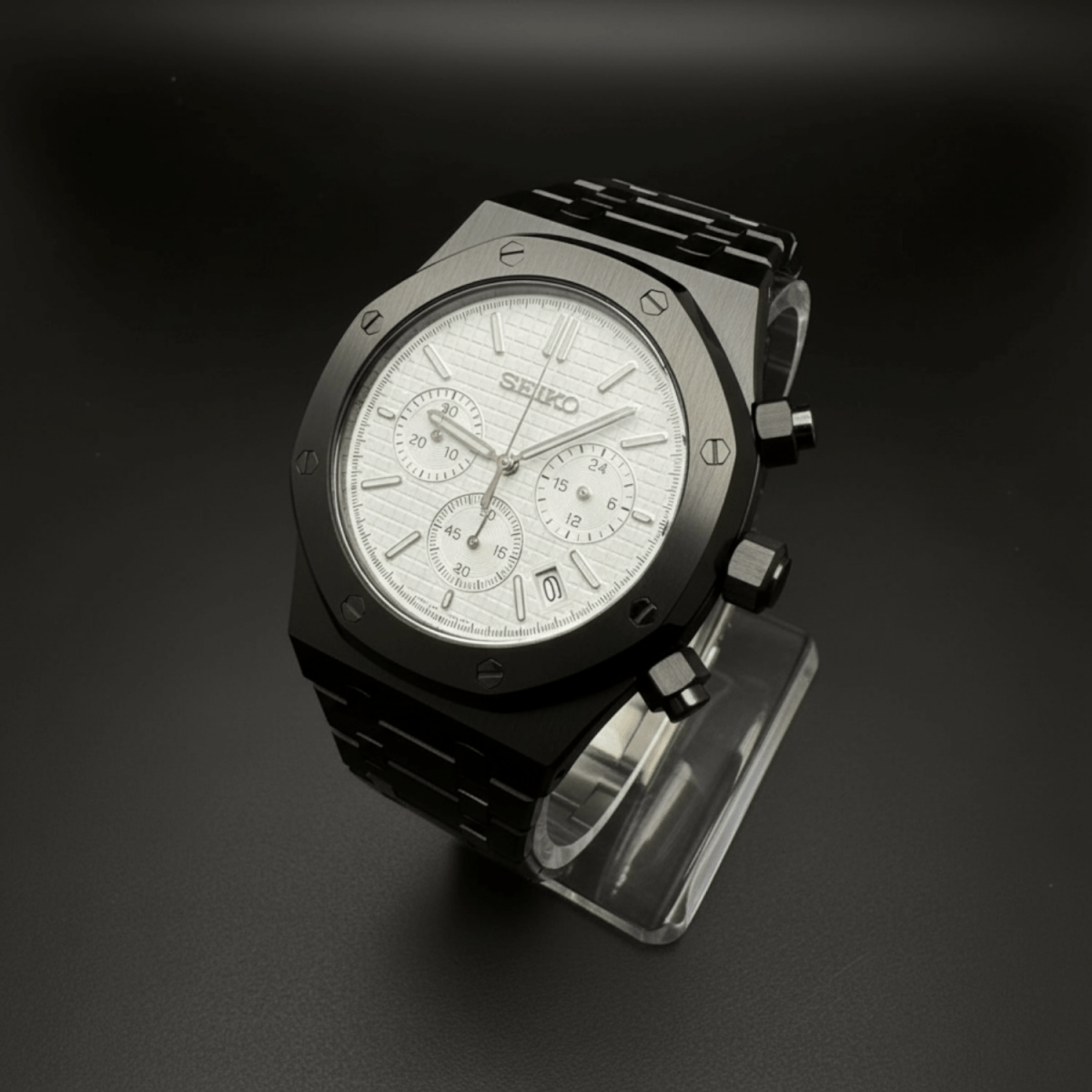 Royal Oak Chronograph Mod Black White Dial black and white integrated bracelet Seiko mod style watch with VK63 movement by ModTime - dial detail