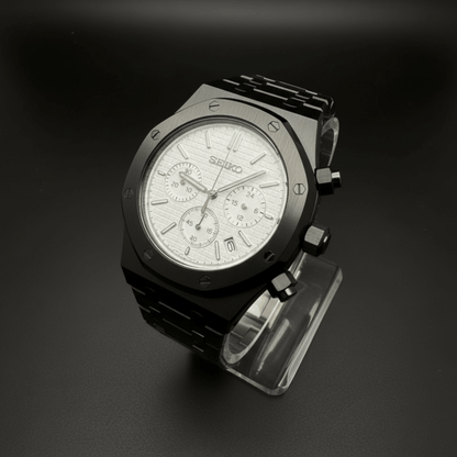 Royal Oak Chronograph Mod Black White Dial black and white integrated bracelet Seiko mod style watch with VK63 movement by ModTime - dial detail