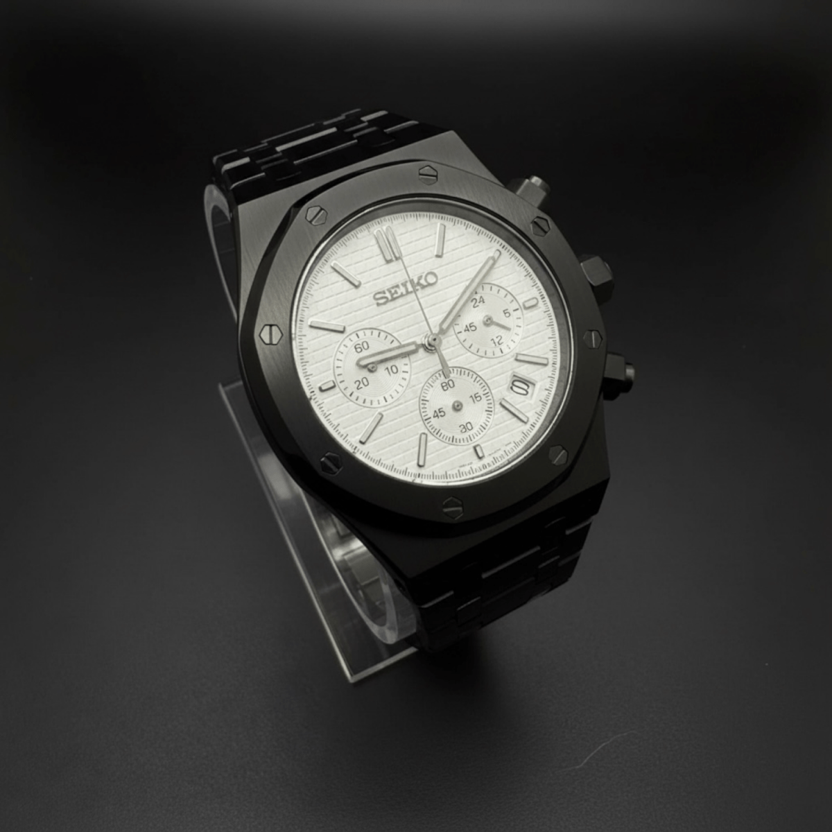 Royal Oak Chronograph Mod Black White Dial black and white Seiko mod style watch with VK63 movement by ModTime - case and bracelet detail