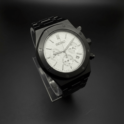 Royal Oak Chronograph Mod Black White Dial black and white Seiko mod style watch with VK63 movement by ModTime - case and bracelet detail
