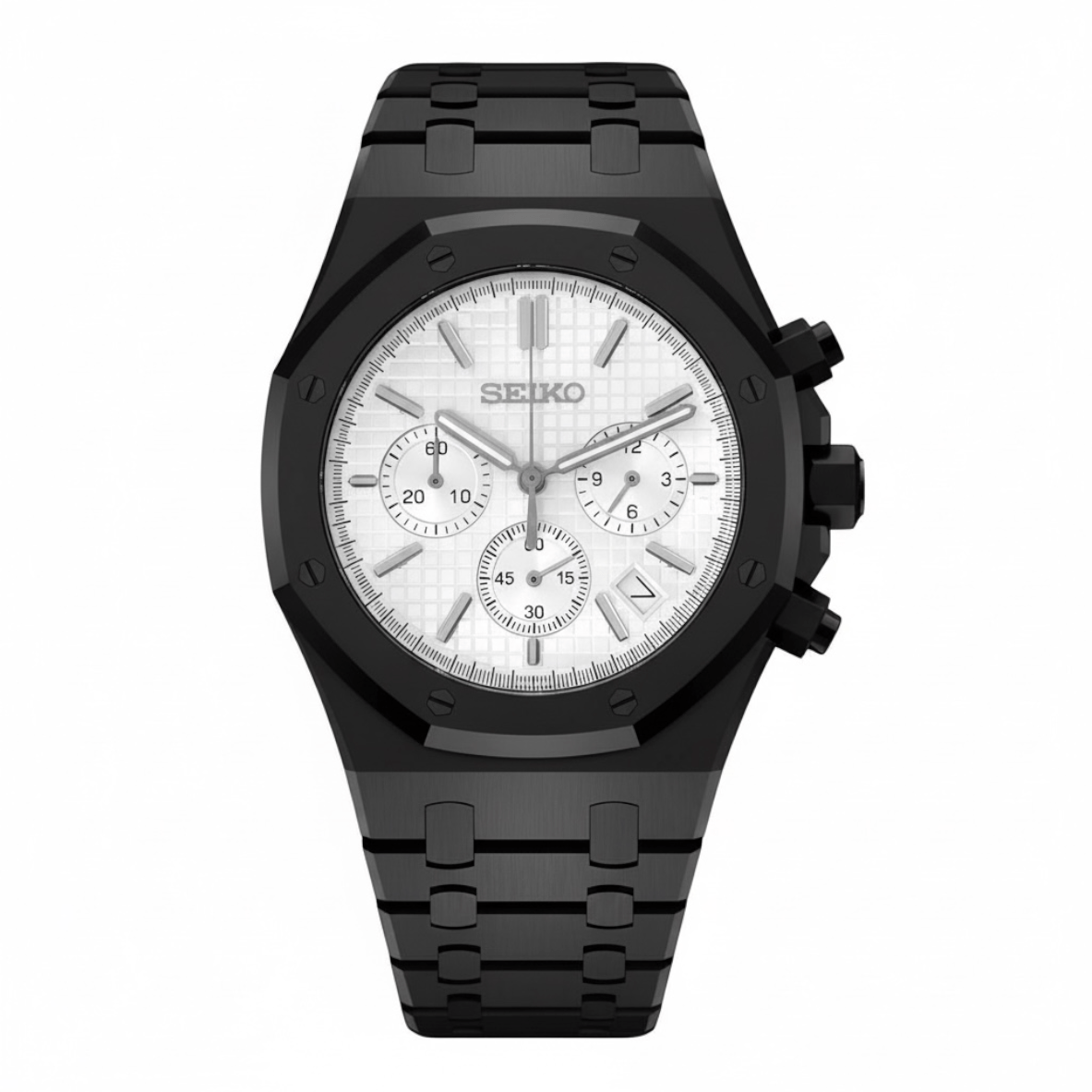 Royal Oak Chronograph Mod Black White Dial black and white integrated bracelet Seiko mod style watch with VK63 movement by ModTime - front product view