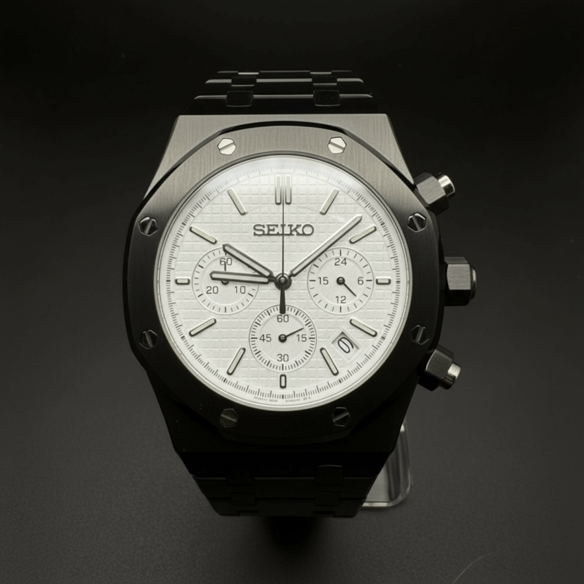 Royal Oak Chronograph Mod Black White Dial black and white integrated bracelet Seiko mod style watch with VK63 movement by ModTime - angled dial view