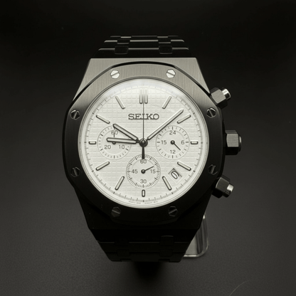Royal Oak Chronograph Mod Black White Dial black and white integrated bracelet Seiko mod style watch with VK63 movement by ModTime - angled dial view
