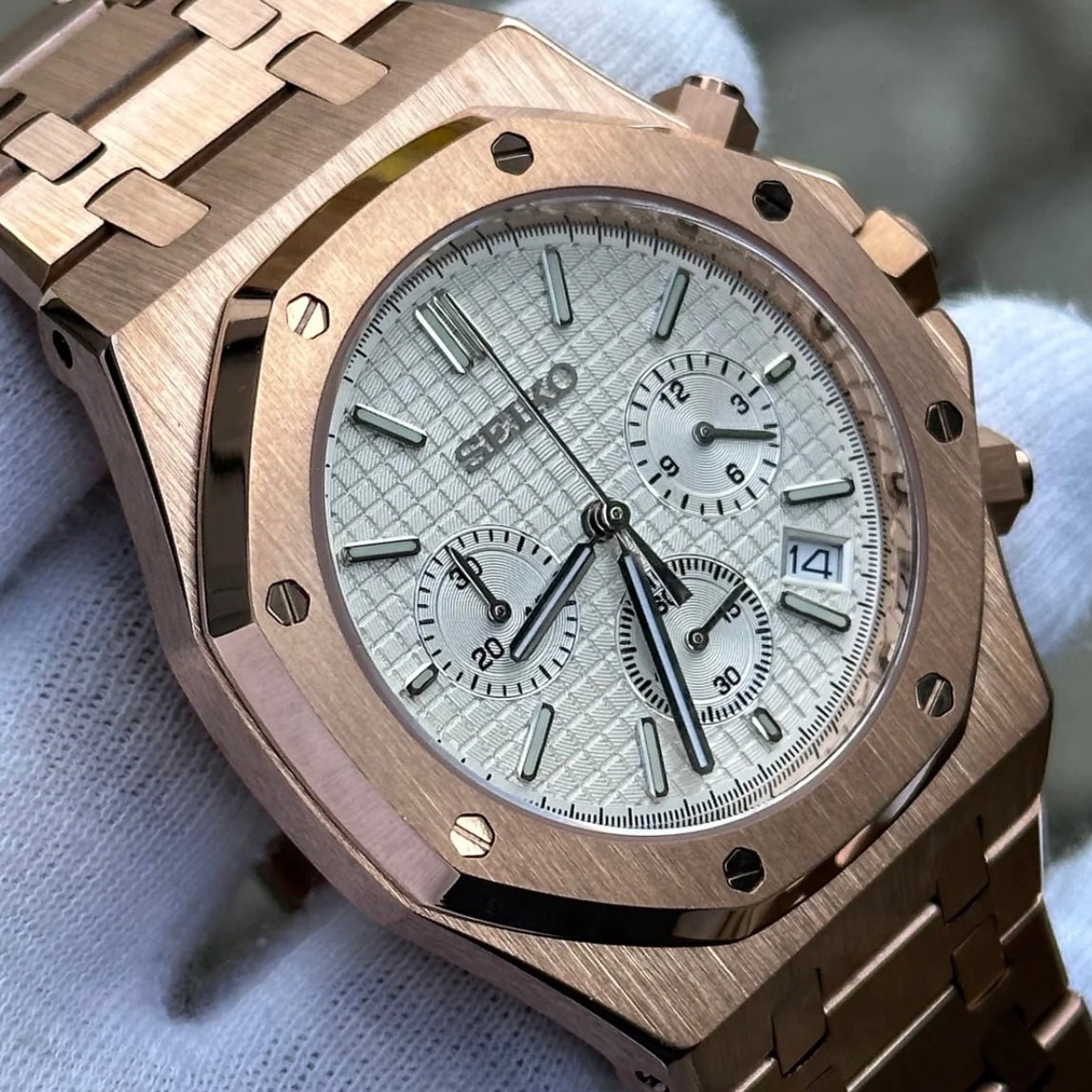 Royal Oak Chronograph Mod Rose Gold White Dial rose gold and gold Seiko mod style watch with VK63 movement by ModTime - dial detail