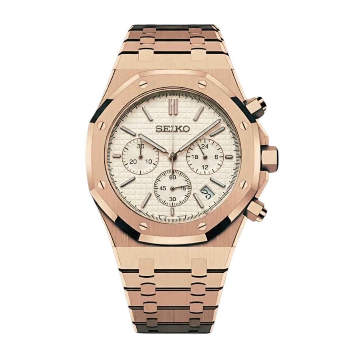 Royal Oak Chronograph Mod Rose Gold White Dial rose gold and gold Seiko mod style watch with VK63 movement by ModTime - front product view