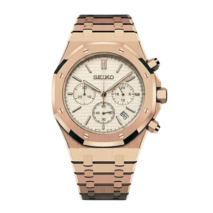 Royal Oak Chronograph Mod Rose Gold White Dial rose gold and gold Seiko mod style watch with VK63 movement by ModTime - front product view