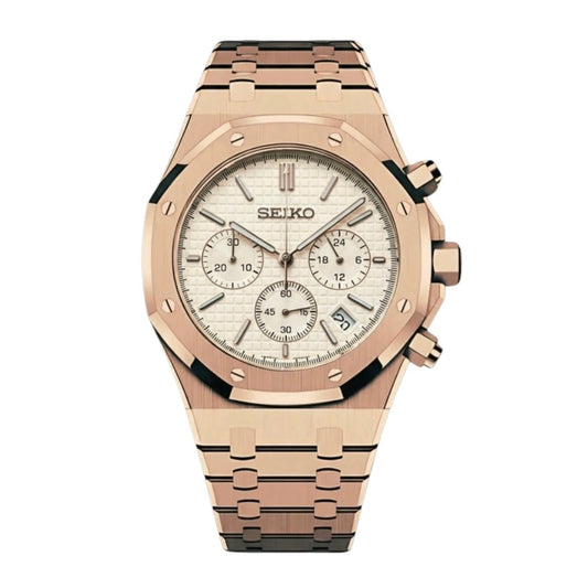 Royal Oak Chronograph Mod Rose Gold White Dial rose gold and gold Seiko mod style watch with VK63 movement by ModTime - front product view