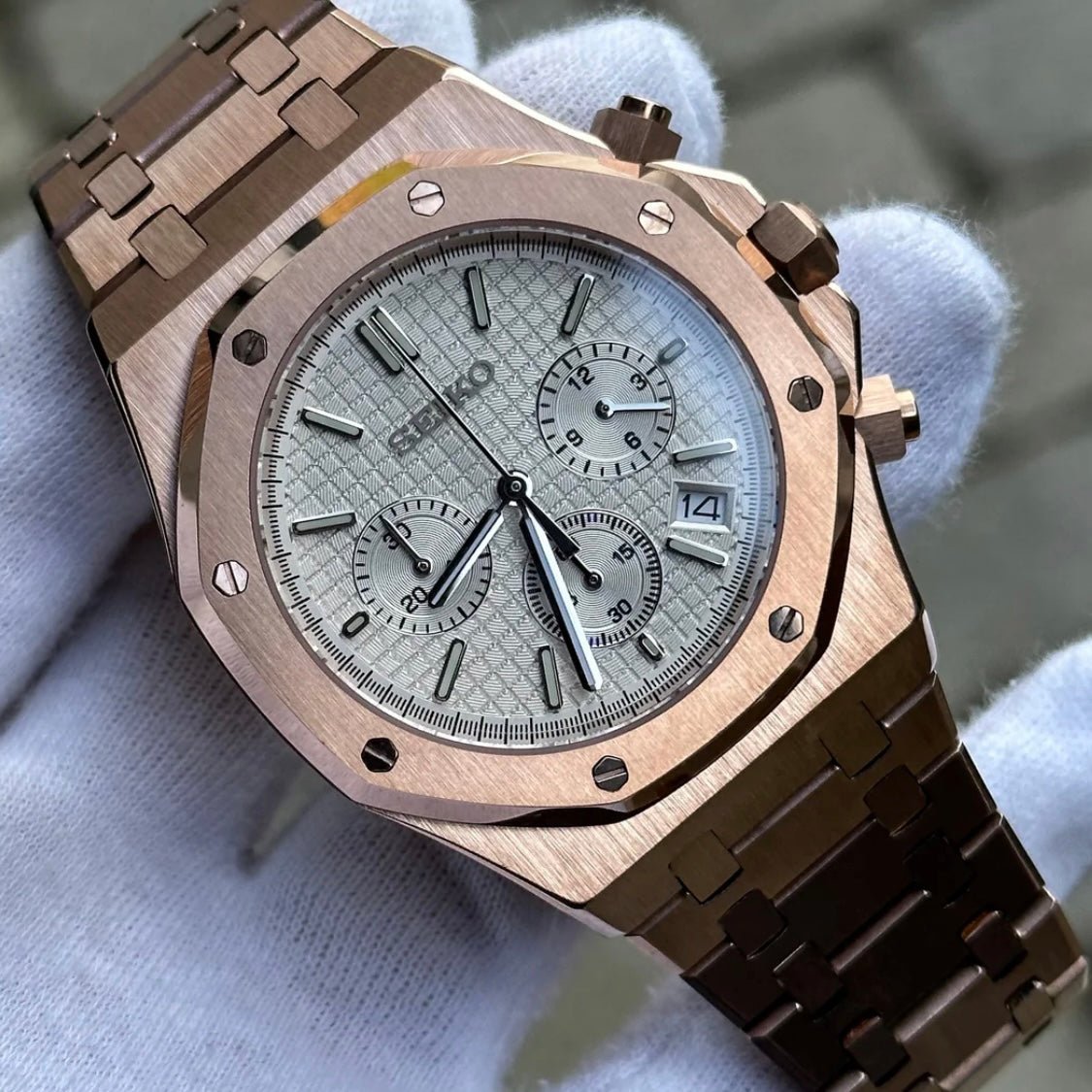 Royal Oak Chronograph Mod Rose Gold White Dial rose gold and gold Seiko mod style watch with VK63 movement by ModTime - angled dial view