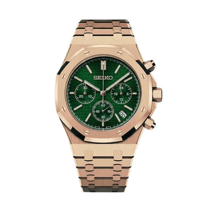 Royal Oak Chronograph Mod Rose Gold Green Dial rose gold and green Seiko mod style watch with VK63 movement by ModTime - front product view