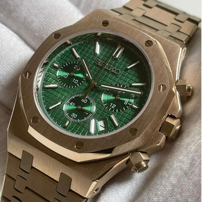 Royal Oak Chronograph Mod Rose Gold Green Dial rose gold and green Seiko mod style watch with VK63 movement by ModTime - angled dial view