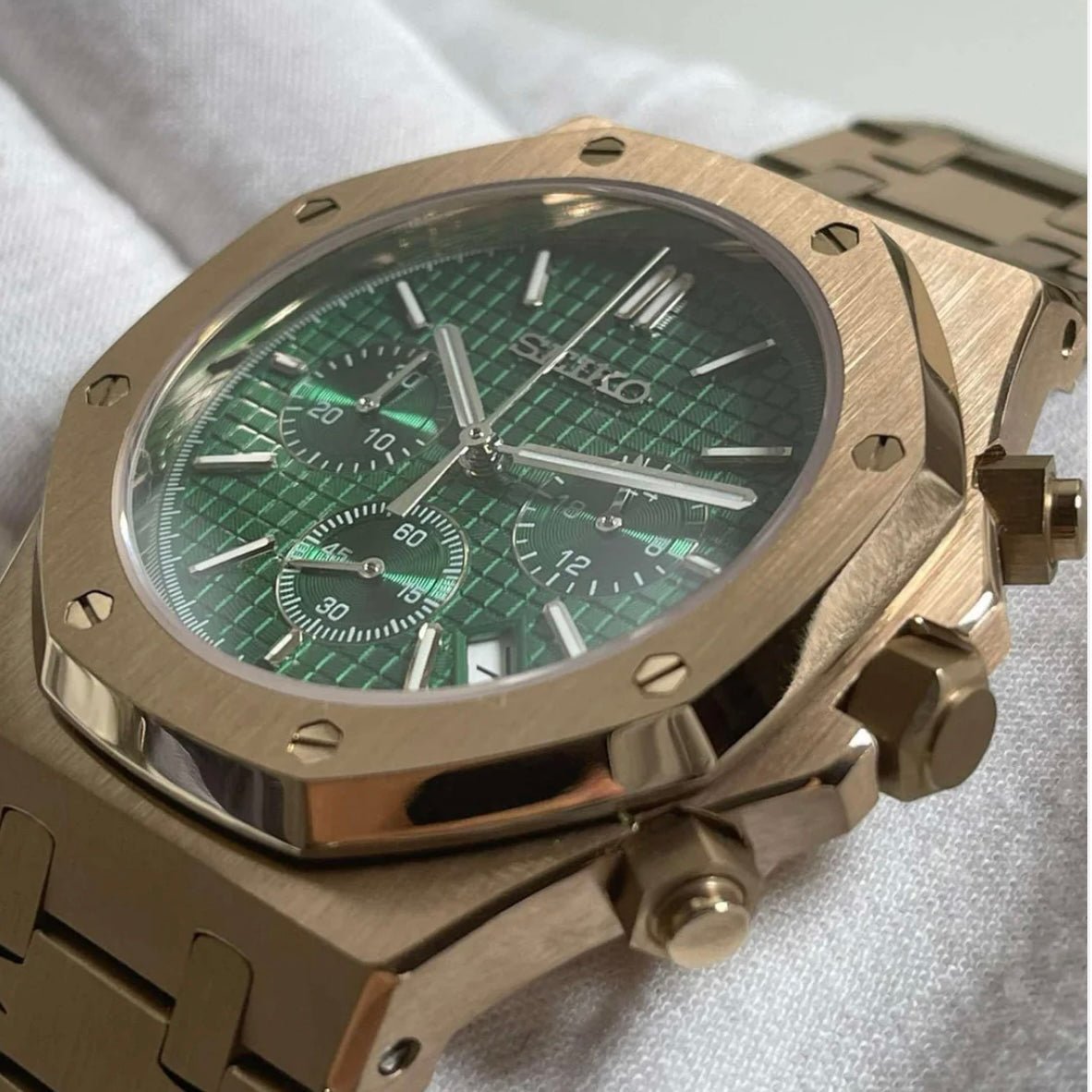 Royal Oak Chronograph Mod Rose Gold Green Dial rose gold and green Seiko mod style watch with VK63 movement by ModTime - side profile