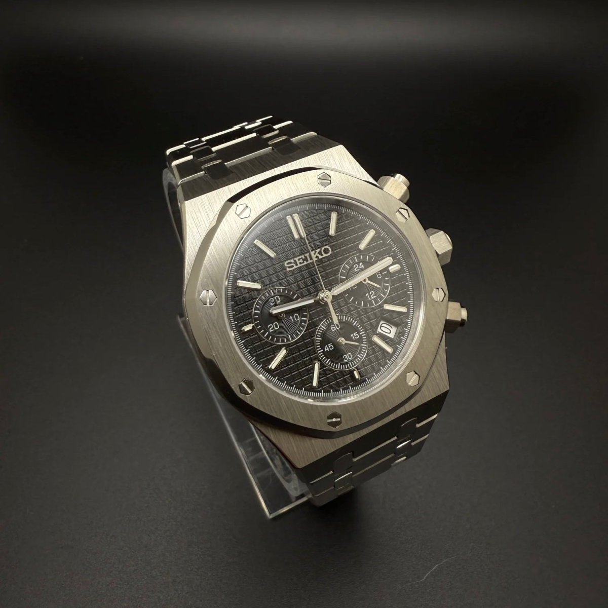 Seiko Mod Royal Oak Style Black Dial Chronograph black integrated bracelet Seiko mod style watch with VK63 movement by ModTime - case and bracelet detail