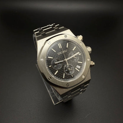 Seiko Mod Royal Oak Style Black Dial Chronograph black integrated bracelet Seiko mod style watch with VK63 movement by ModTime - case and bracelet detail