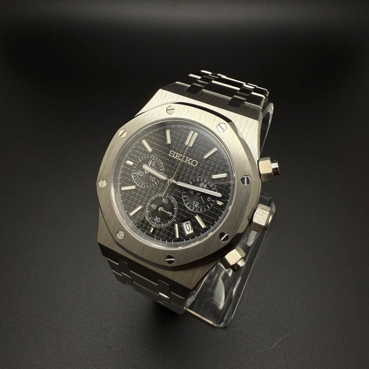 Seiko Mod Royal Oak Style Black Dial Chronograph black integrated bracelet Seiko mod style watch with VK63 movement by ModTime - dial detail