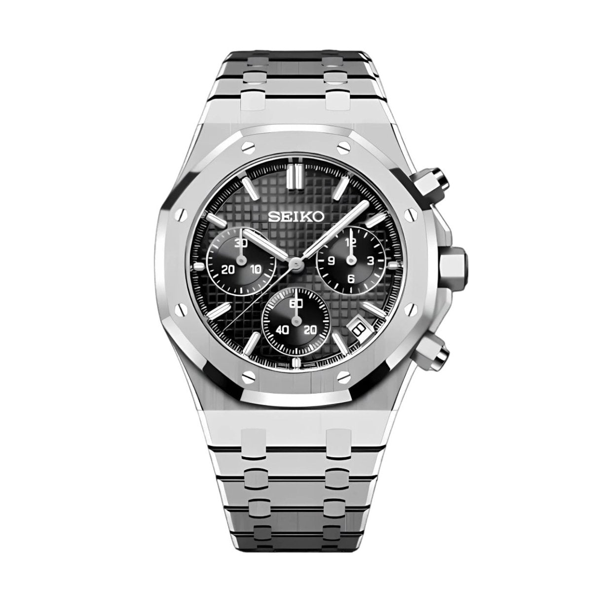 Seiko Mod Royal Oak Style Black Dial Chronograph black integrated bracelet Seiko mod style watch with VK63 movement by ModTime - front product view