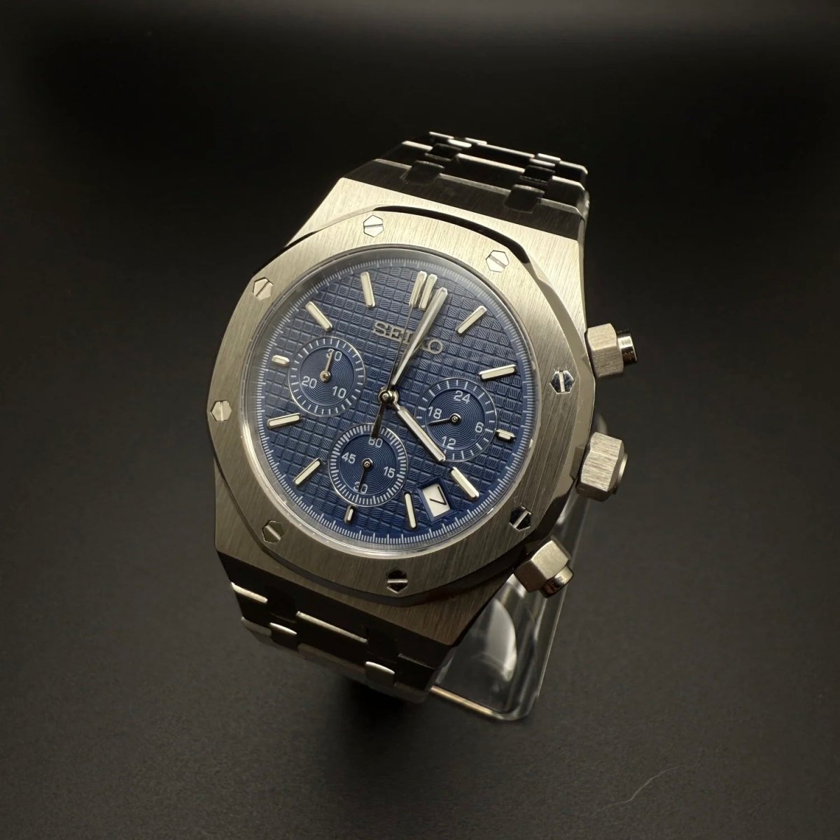 Seiko Mod Royal Oak Style Blue Dial Chronograph blue integrated bracelet Seiko mod style watch with VK63 movement by ModTime - dial detail