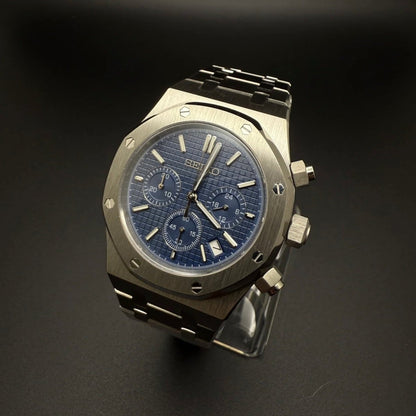 Seiko Mod Royal Oak Style Blue Dial Chronograph blue integrated bracelet Seiko mod style watch with VK63 movement by ModTime - dial detail
