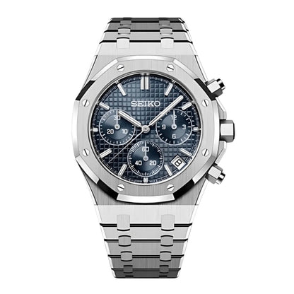 Seiko Mod Royal Oak Style Blue Dial Chronograph blue integrated bracelet Seiko mod style watch with VK63 movement by ModTime - front product view
