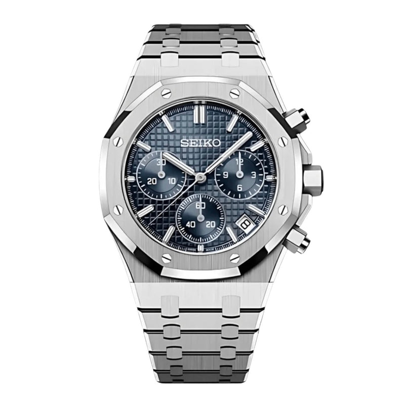 Royal Oak-style Blue Dial VK63 meca-quartz chronograph with blue dial, grid texture, front on white