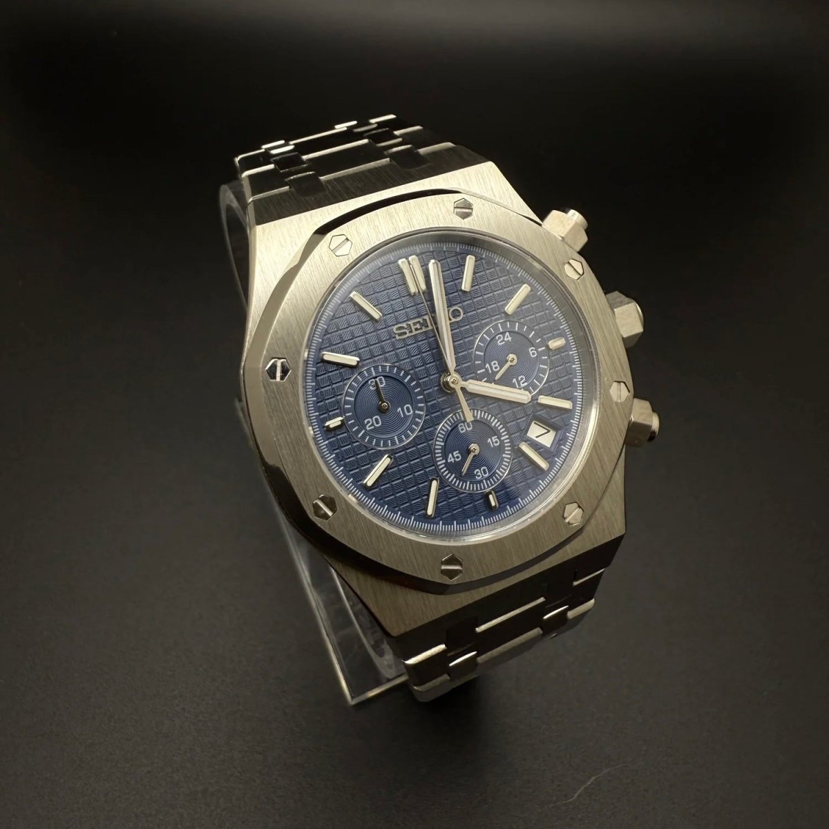 Seiko Mod Royal Oak Style Blue Dial Chronograph blue integrated bracelet Seiko mod style watch with VK63 movement by ModTime - case and bracelet detail