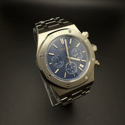 Seiko Mod Royal Oak Style Blue Dial Chronograph blue integrated bracelet Seiko mod style watch with VK63 movement by ModTime - case and bracelet detail