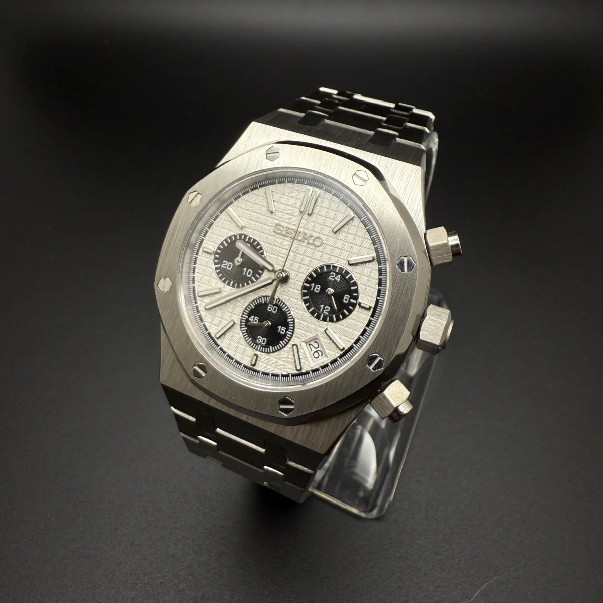 Seiko Mod Royal Oak Style Silver Panda Chronograph silver and black and white Seiko mod style watch with VK63 movement by ModTime - dial detail