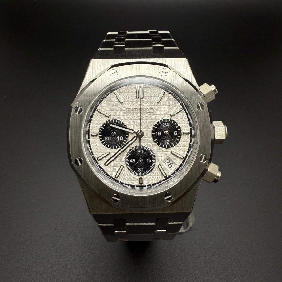 Seiko Mod Royal Oak Style Silver Panda Chronograph silver and black and white Seiko mod style watch with VK63 movement by ModTime - angled dial view