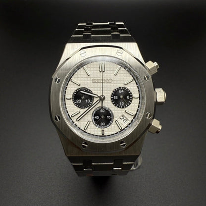 Seiko Mod Royal Oak Style Silver Panda Chronograph silver and black and white Seiko mod style watch with VK63 movement by ModTime - angled dial view