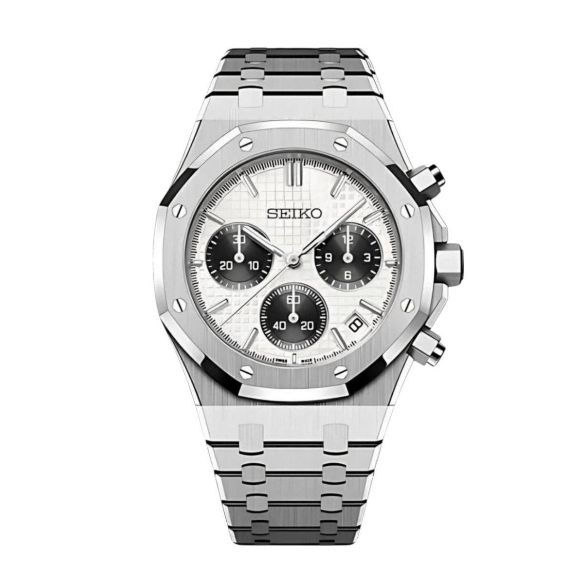Seiko Mod Royal Oak Style Silver Panda Chronograph silver and black and white Seiko mod style watch with VK63 movement by ModTime - front product view