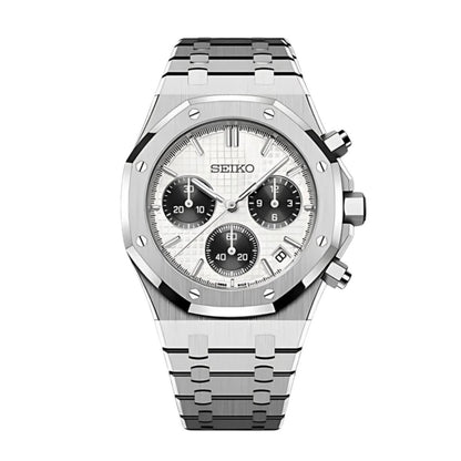 Seiko Mod Royal Oak Style Silver Panda Chronograph silver and black and white Seiko mod style watch with VK63 movement by ModTime - front product view