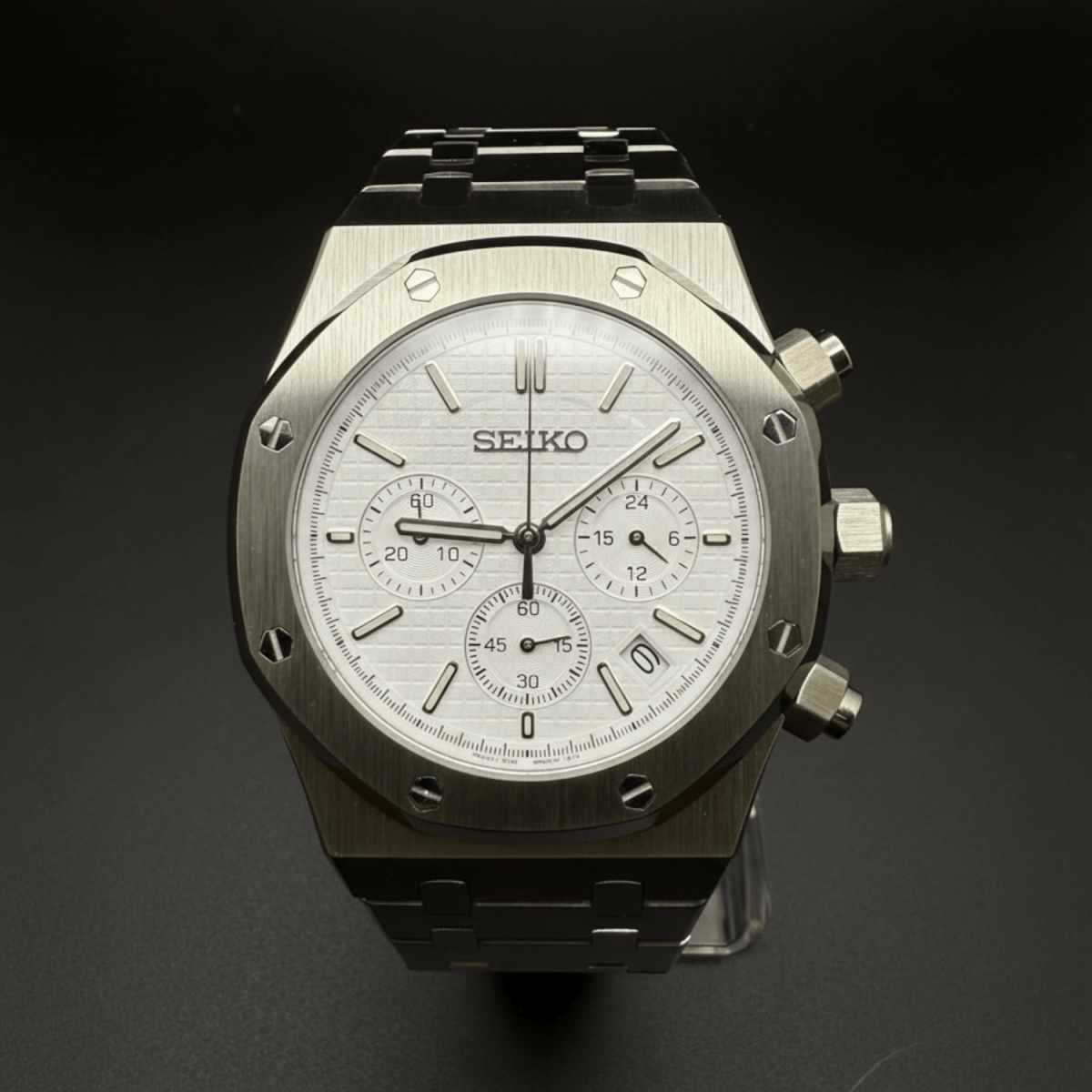 Royal Oak Chronograph Mod Silver White Dial silver and white integrated bracelet Seiko mod style watch with VK63 movement by ModTime - angled dial view