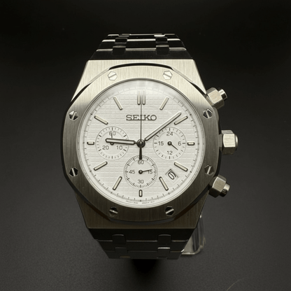 Royal Oak Chronograph Mod Silver White Dial silver and white integrated bracelet Seiko mod style watch with VK63 movement by ModTime - angled dial view