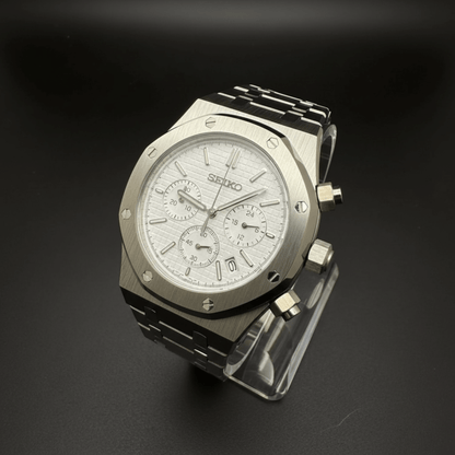 Royal Oak Chronograph Mod Silver White Dial silver and white integrated bracelet Seiko mod style watch with VK63 movement by ModTime - dial detail