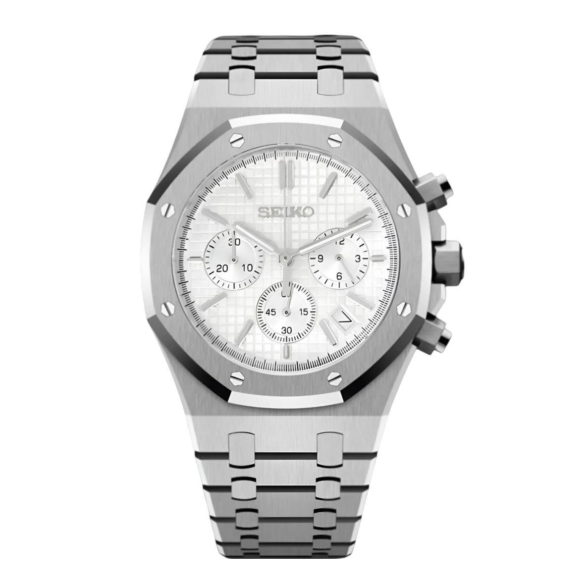 Royal Oak Chronograph Mod Silver White Dial silver and white integrated bracelet Seiko mod style watch with VK63 movement by ModTime - front product view