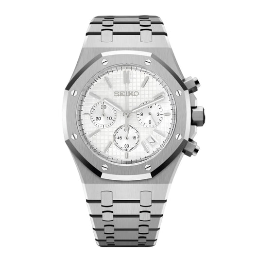 Royal Oak Chronograph Mod Silver White Dial silver and white integrated bracelet Seiko mod style watch with VK63 movement by ModTime - front product view