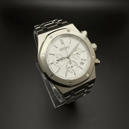 Royal Oak Chronograph Mod Silver White Dial silver and white Seiko mod style watch with VK63 movement by ModTime - case and bracelet detail