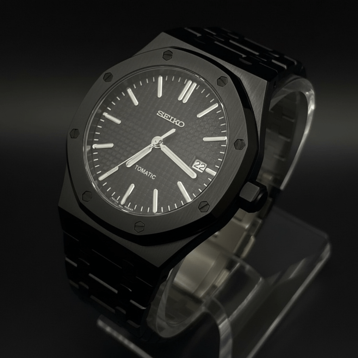 Seiko Mod Royal Oak Style All Black Dial black integrated bracelet Seiko mod style watch with NH35 automatic movement by ModTime - dial detail