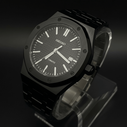 Seiko Mod Royal Oak Style All Black Dial black integrated bracelet Seiko mod style watch with NH35 automatic movement by ModTime - dial detail