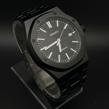 Seiko Mod Royal Oak Style All Black Dial black integrated bracelet Seiko mod style watch with NH35 automatic movement by ModTime - case and bracelet detail
