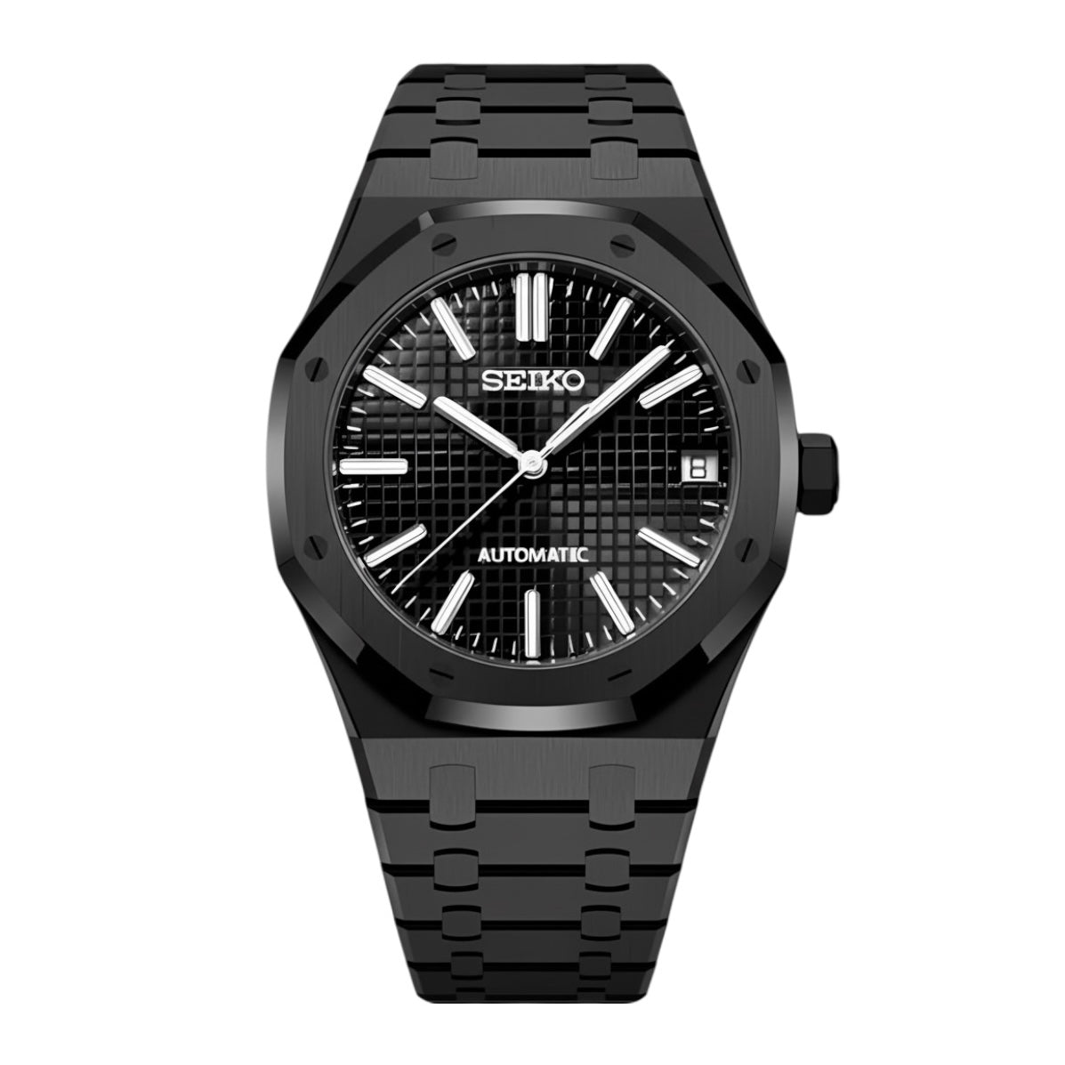 Seiko Mod Royal Oak Style All Black Dial black integrated bracelet Seiko mod style watch with NH35 automatic movement by ModTime - front product view