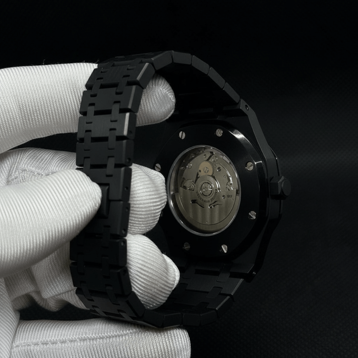 Seiko Mod Royal Oak Style All Black Dial black integrated bracelet Seiko mod style watch with NH35 automatic movement by ModTime - side profile