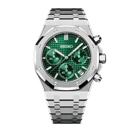 Royal Oak Mod Chronograph Silver Green Dial silver and green integrated bracelet Seiko mod style watch with VK63 movement by ModTime - front product view